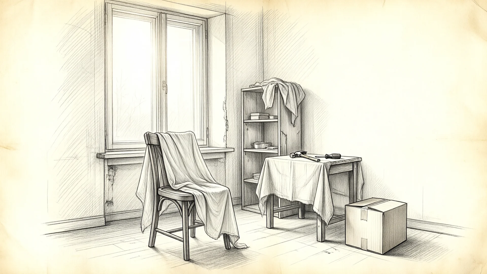 Bleistiftskizze eines hellen Raums mit großem Fenster im Morgenlicht: Stuhl und Tisch sind mit Tüchern abgedeckt, daneben stehen ein Regal, ein Karton und Werkzeug. Der Raum wird gerade eingerichtet.